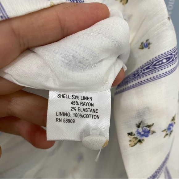 Antonio Melani Size 14 Square Neck Linen Floral Striped Blouse White Blue Boxy - Picture 7 of 9